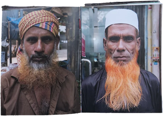 Book spread: two portraits of men with henna-dyed beards, one in a striped turban, one in a white cap